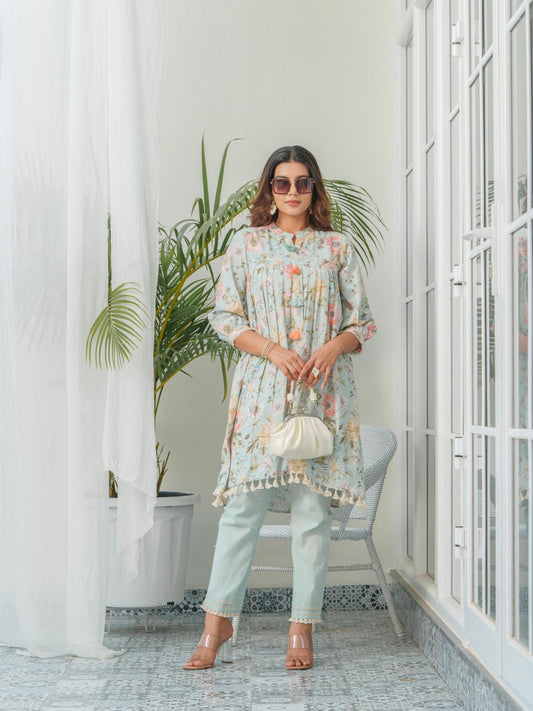 Floral Printed Mandarin Collar Linen Pleated Co-Ord Set