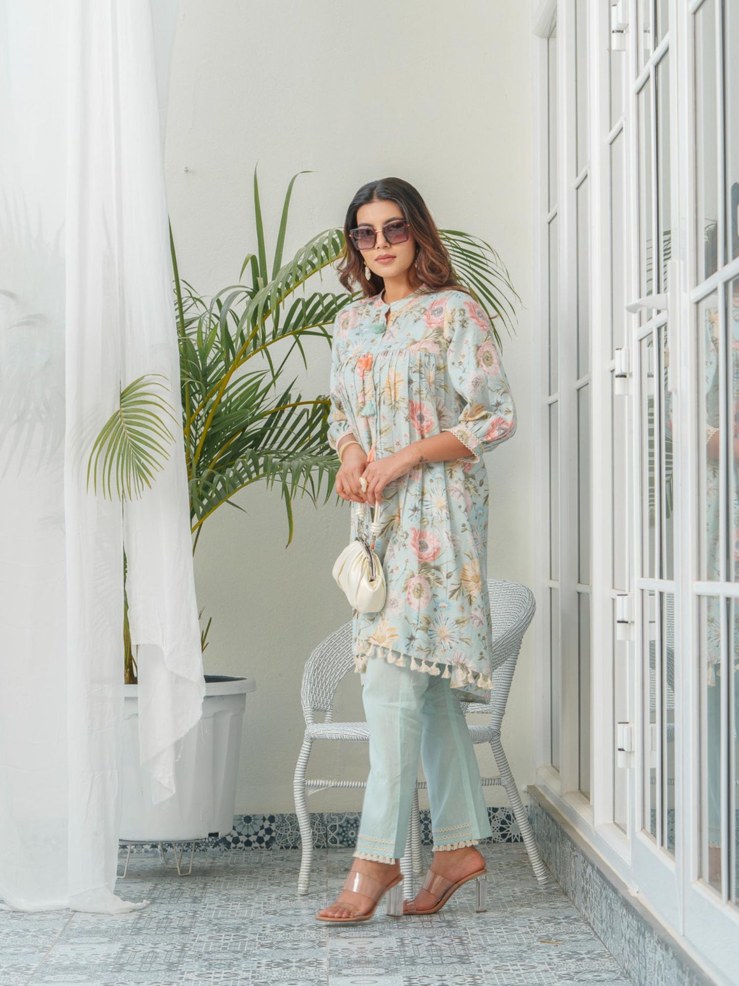 Floral Printed Mandarin Collar Linen Pleated Co-Ord Set