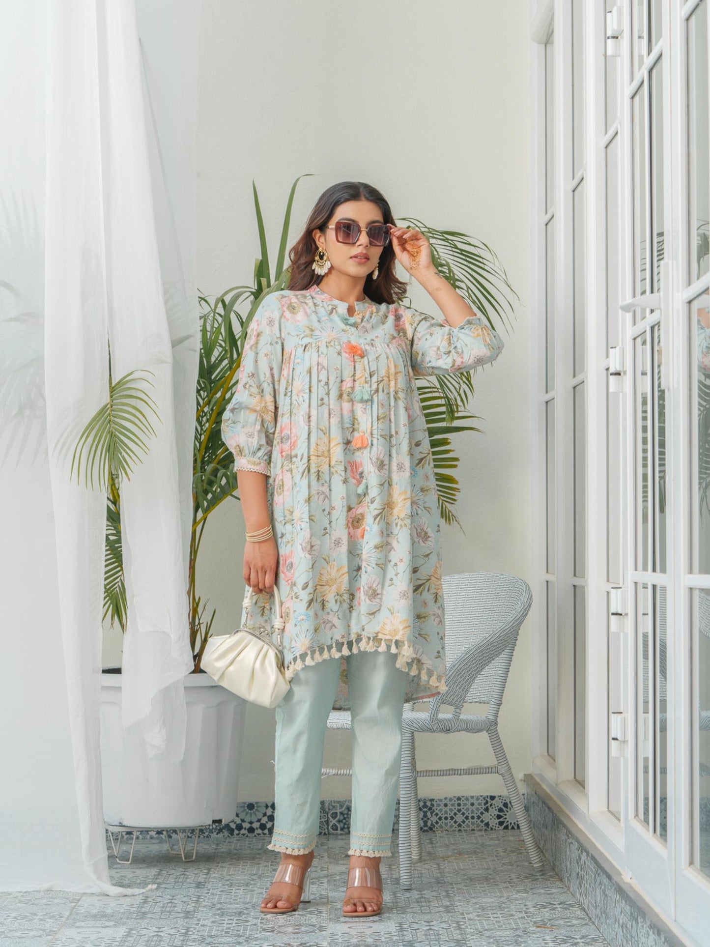 Floral Printed Mandarin Collar Linen Pleated Co-Ord Set