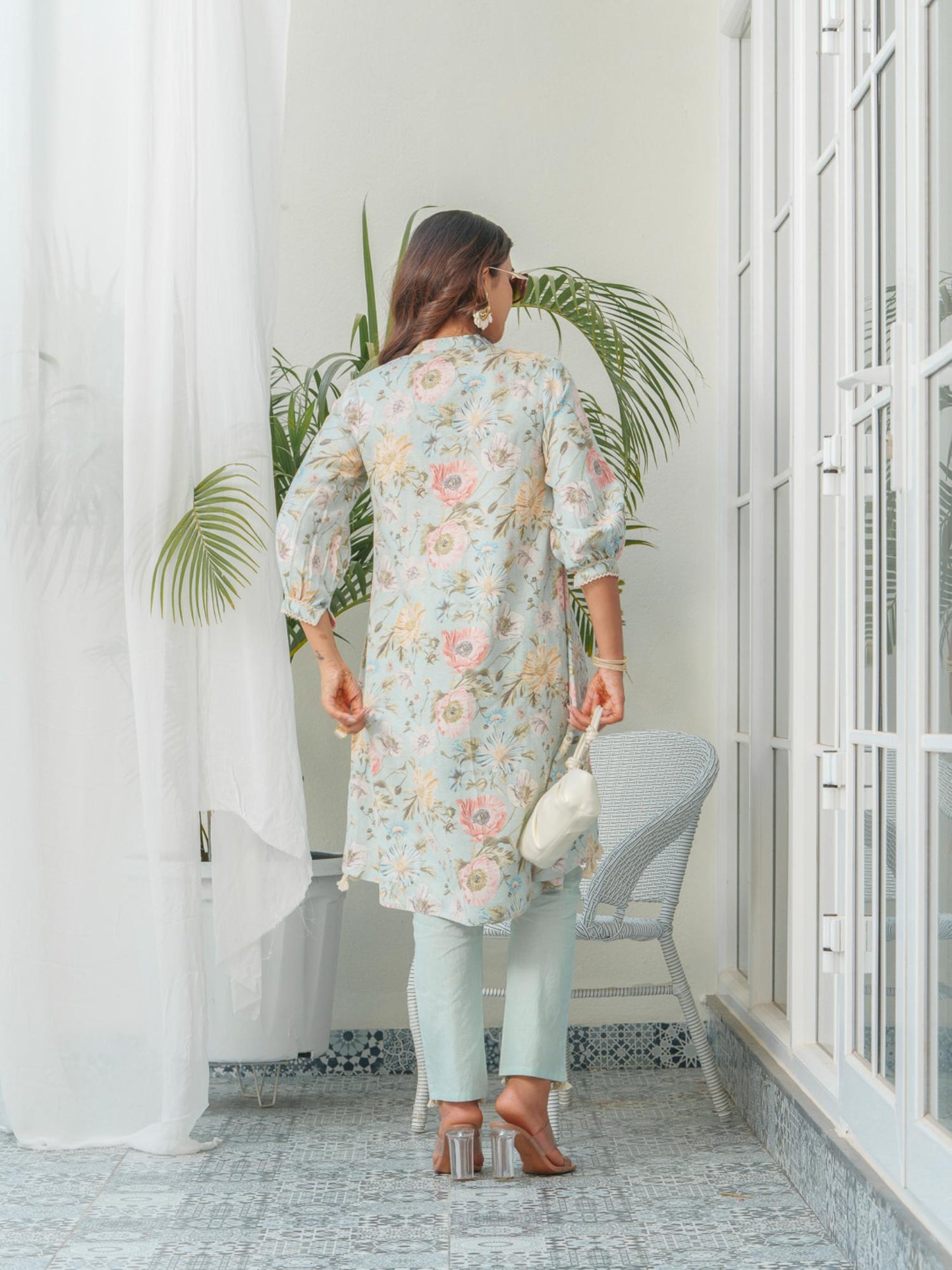 Floral Printed Mandarin Collar Linen Pleated Co-Ord Set