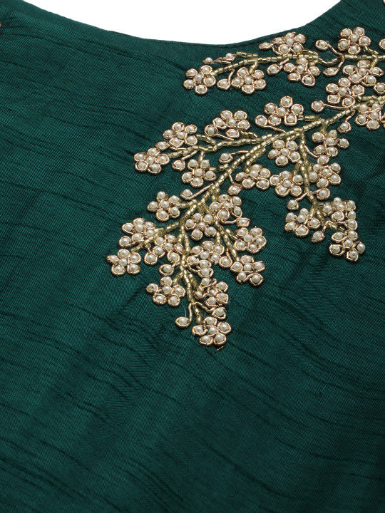 swatika Women Green & Golden Ethnic Yoke Design Zardozi Kurta with Trousers & Dupatta