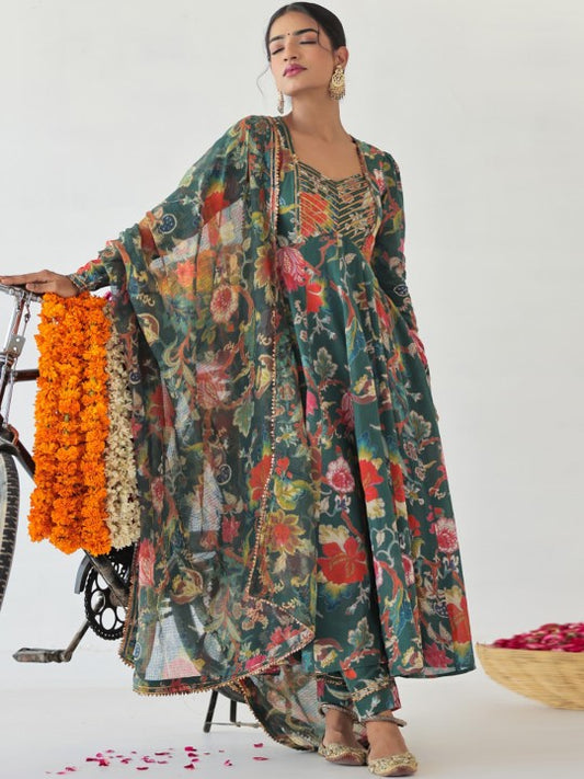 Neck Long Sleeves Floral Printed Cotton Kurta with Trouser & Dupatta