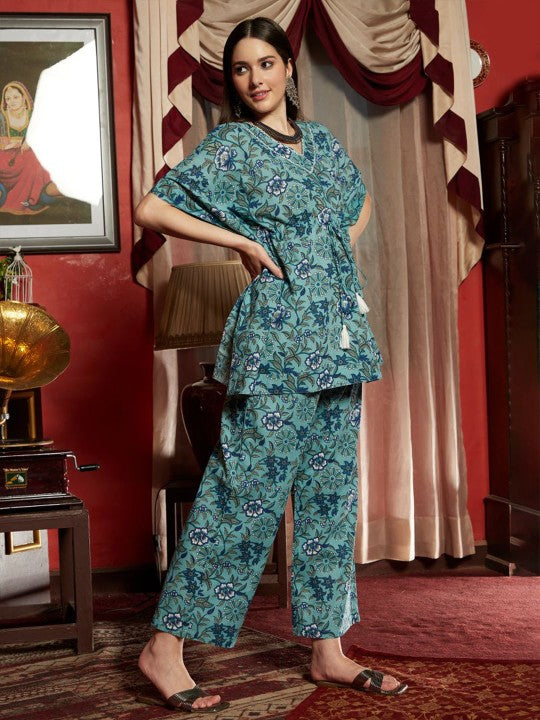 Printed Ethnic Pure Cotton Kaftan Top with Trousers
