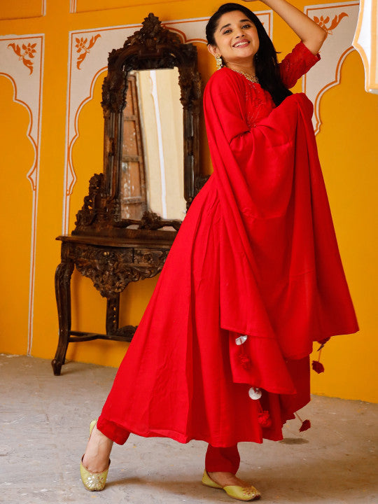 Thread & Button Women Red Embroidered Kurta with Trousers & With Dupatta