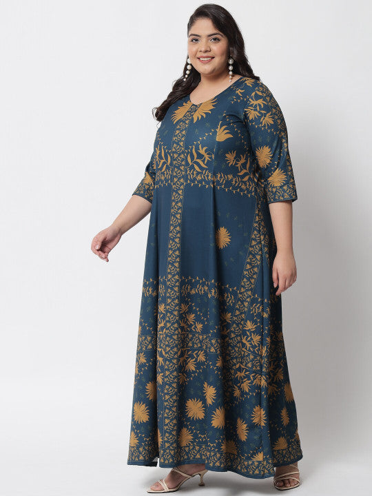 Amydus Plus Size Teal Blue & Mustard Yellow Ethnic Motifs Ethnic A-Line Dress