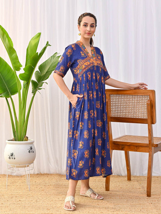 Floral Printed V-Neck Gathered A-Line Midi Ethnic Dress