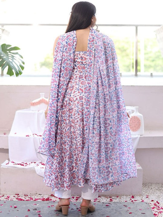 WEAVLLITE Floral Printed Anarkali Pure Cotton Kurta with Trousers & Dupatta