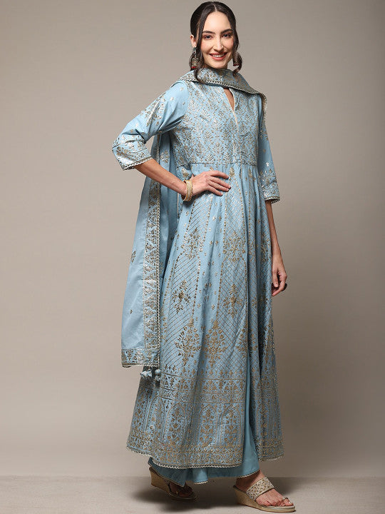 Biba Ethnic Motifs Embroidered High Slit Kurta With Palazzos & Dupatta