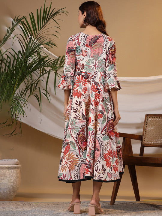 Printed Bell Sleeves Pure Cotton Wrap Midi Ethnic Dress