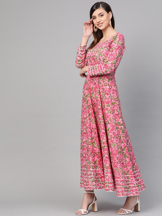 Idalia Women Pink & Green Hand Block Print Maxi Dress