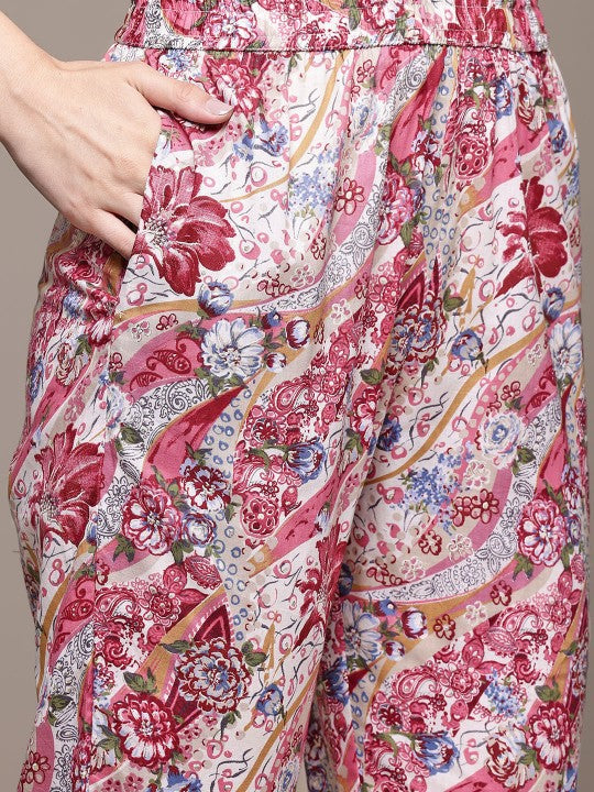 Floral Printed Pure Cotton Tunic With Trousers