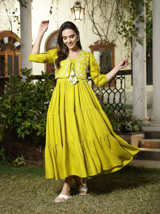Stylum Shoulder Straps Tiered Maxi Dress With Embroidered Jacket