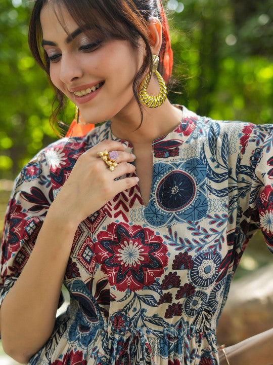 Floral Printed Pure Cotton Fit & Flare Midi Dress