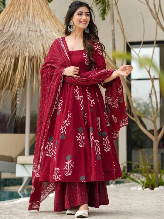 Idaho Clothing Women Floral Printed Regular Pure Cotton Kurta with Palazzos & With Dupatta
