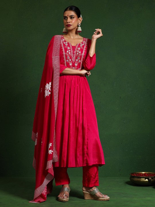 Varanga Floral Embroidered Thread Work Notch Neck A-Line Kurta