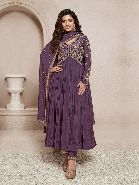 Trendmalls Floral Embroidered Pleated Sequinned Silk Chiffon Kurta With Trousers & Dupatta