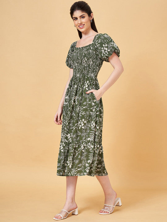 Honey by Pantaloons Floral Print Puff Sleeve A-Line Midi Dress