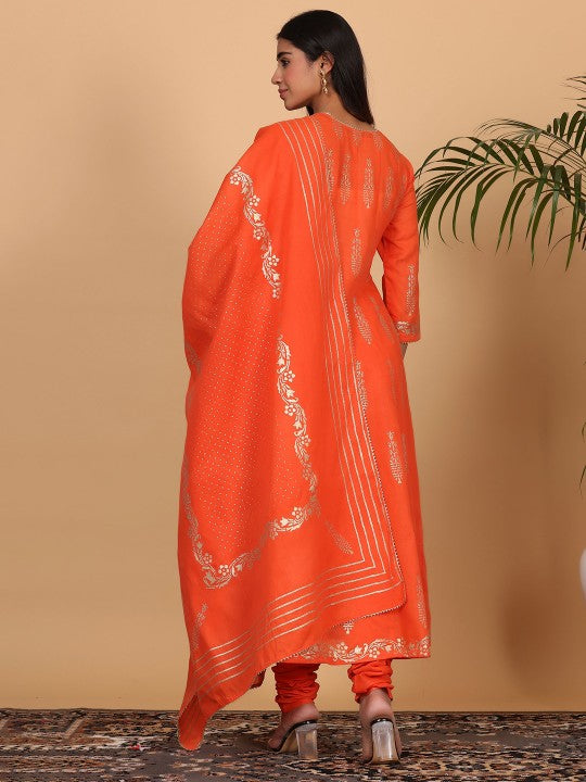 Floral Printed Pure Cotton Anarkali Kurta with Churidar & Dupatta