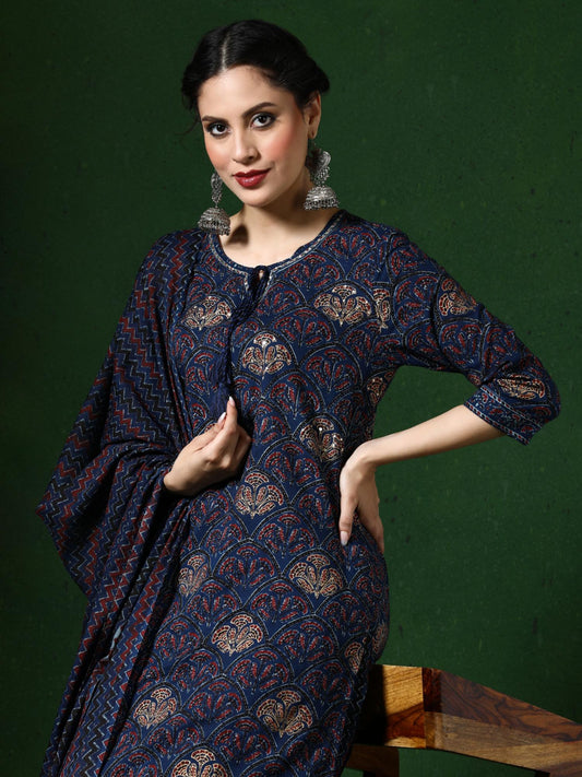 Floral Embroidered Straight Pure Cotton Kurta and Salwar and Dupatta (Set of 3)