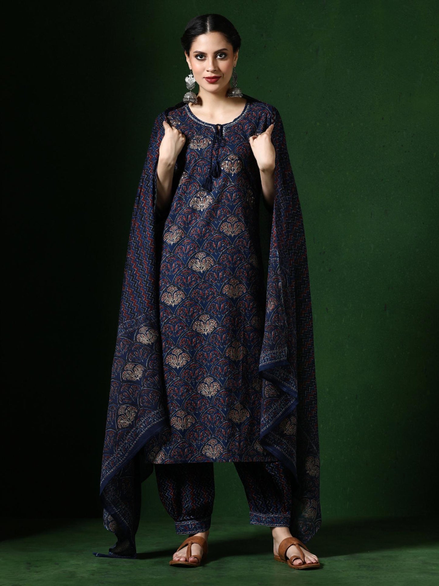 Floral Embroidered Straight Pure Cotton Kurta and Salwar and Dupatta (Set of 3)