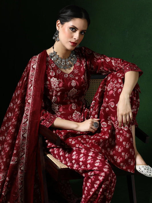 Floral Embroidered A-Line Pure Cotton Kurta and Salwar and Dupatta (Set of 3)