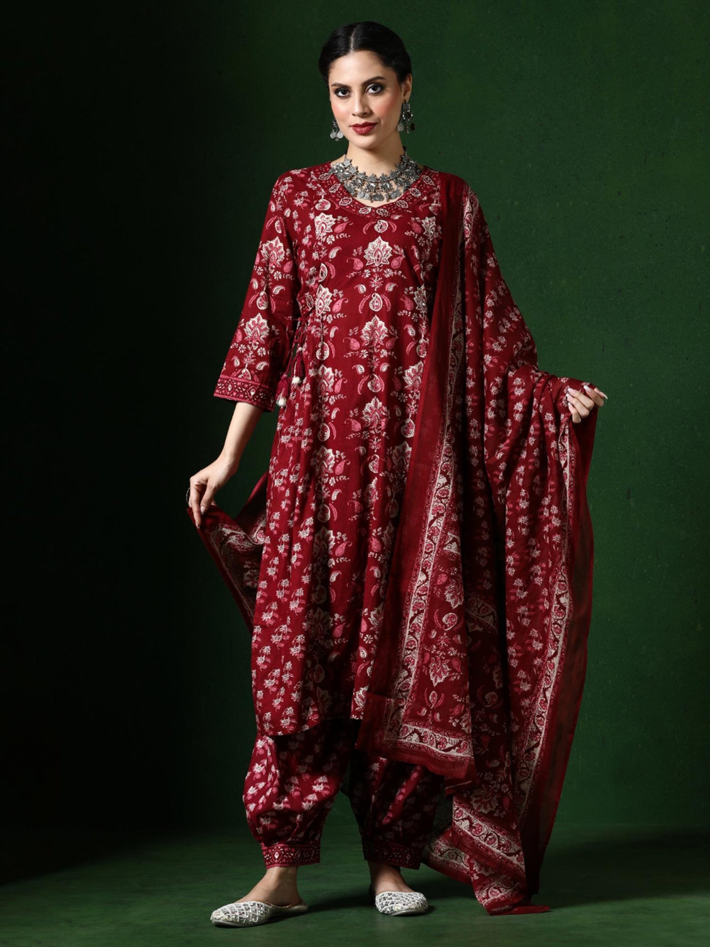 Floral Embroidered A-Line Pure Cotton Kurta and Salwar and Dupatta (Set of 3)
