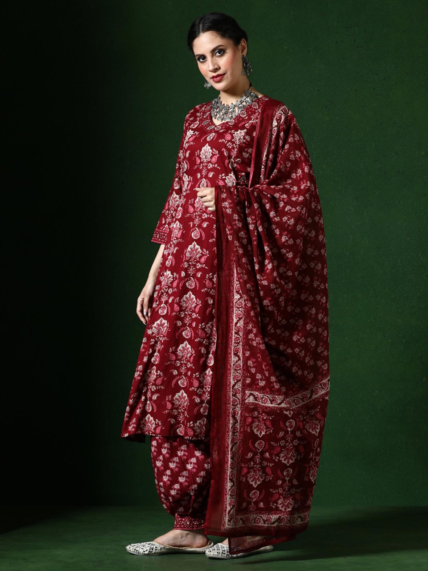 Floral Embroidered A-Line Pure Cotton Kurta and Salwar and Dupatta (Set of 3)