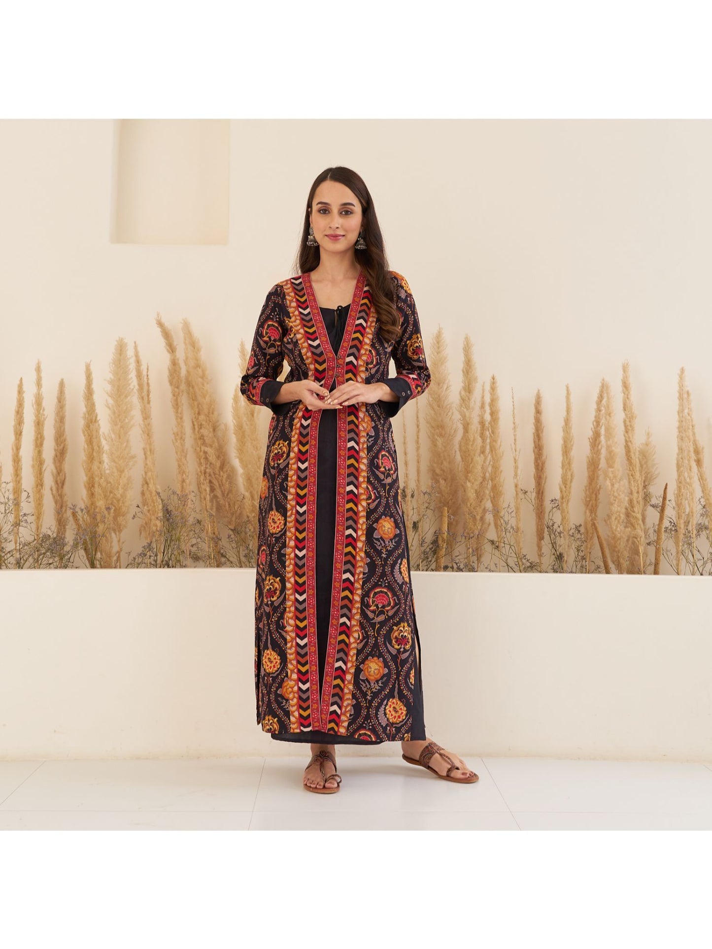 Black Side Slit Dress With Long Shrug (Set of 2)