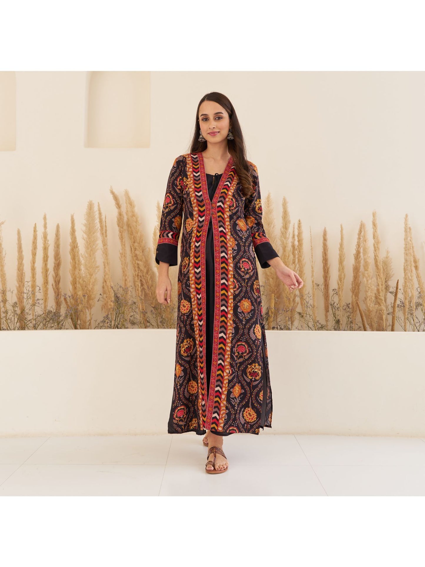 Black Side Slit Dress With Long Shrug (Set of 2)
