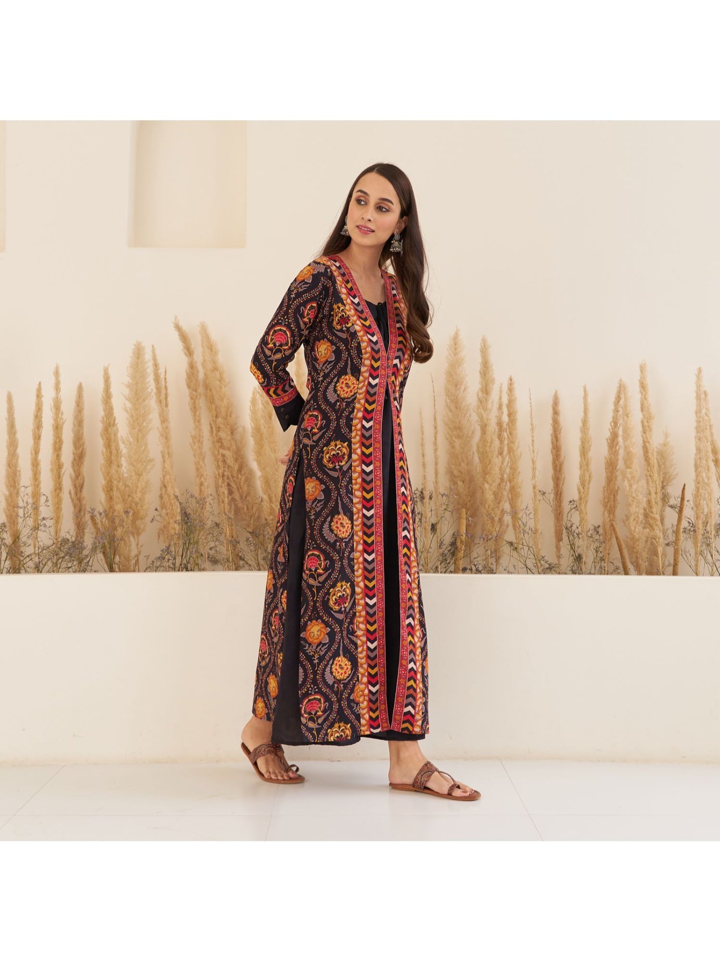 Black Side Slit Dress With Long Shrug (Set of 2)