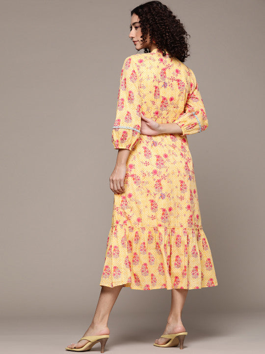 aarke Ritu Kumar Yellow A-Line Printed Tiered Dress