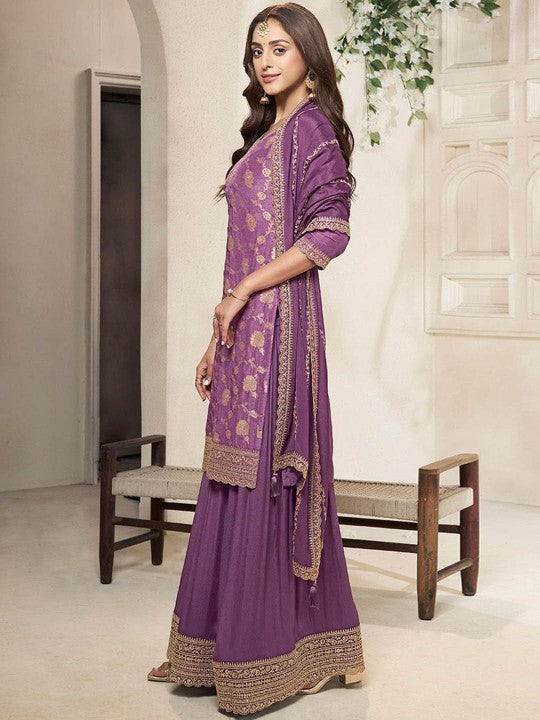 Floral Woven Design Notch Neck Pure Silk Straight Kurta