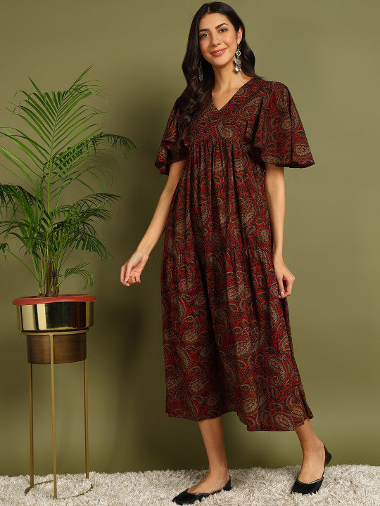ZNX Clothing Women Flared Sleeve Maternity A-Line Midi Ethnic Dresses