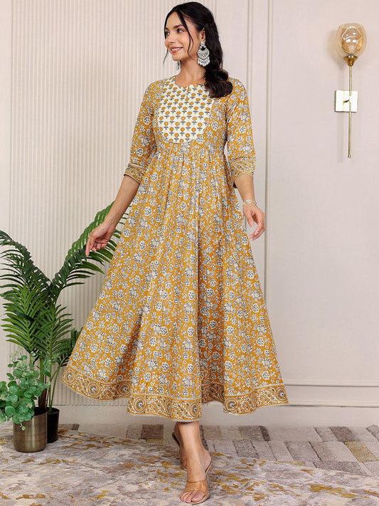 GULAB CHAND TRENDS Floral Printed Notch Neck Cotton Fit & Flare Midi Ethnic Dress