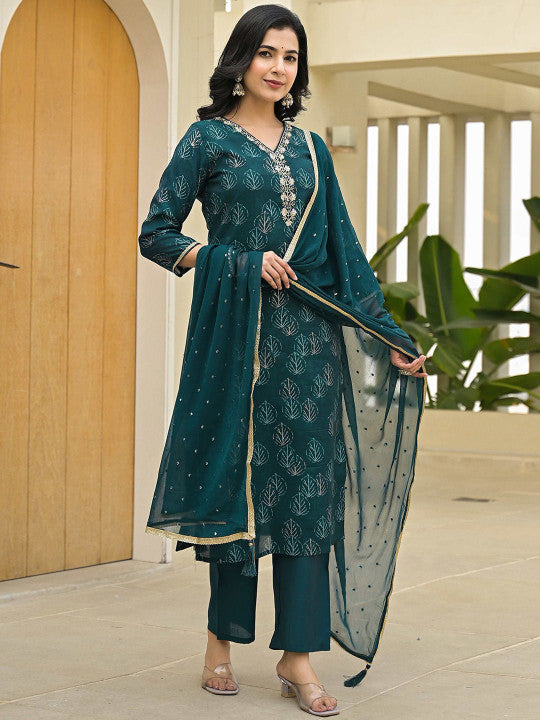 Floral Printed Thread Work V-Neck Kurta with Trousers & Dupatta