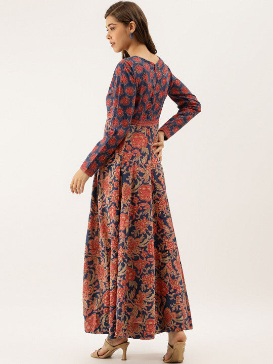 Divena Floral Printed Pure Cotton Fit and Flare Maxi Ethnic Dress