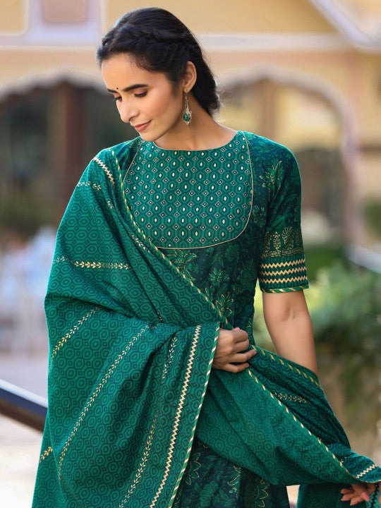 GILLORI Floral Printed Gotta Patti Pure Cotton Anarkali Kurta & Trousers With Dupatta