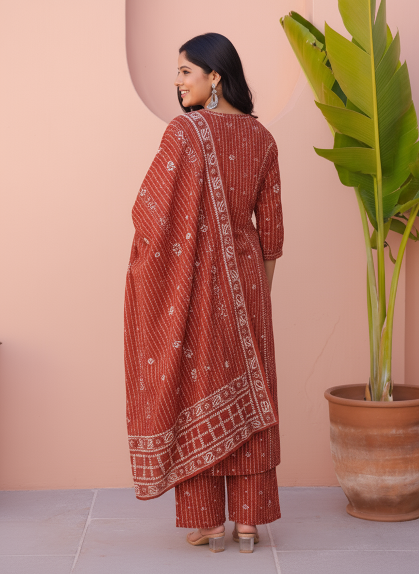Embroidered Viscose Floral Flared Maroon Kurta