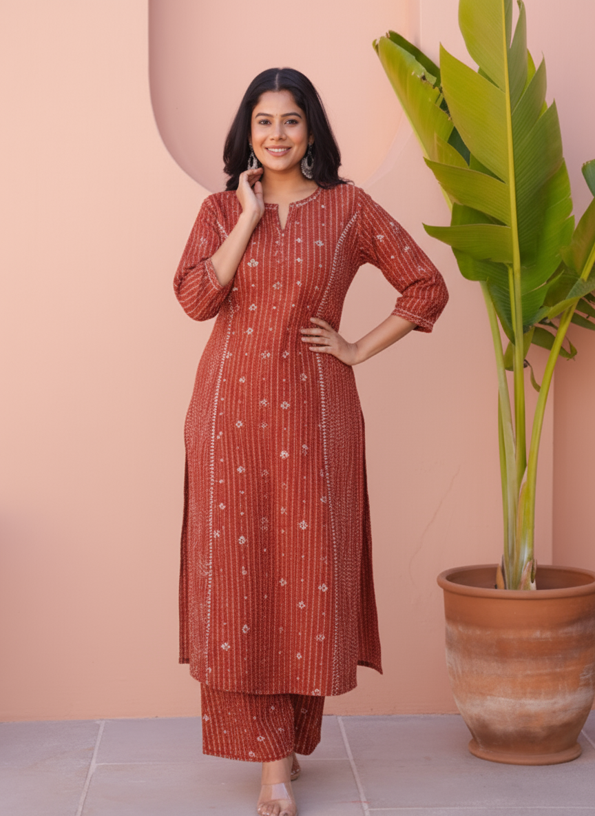 Embroidered Viscose Floral Flared Maroon Kurta