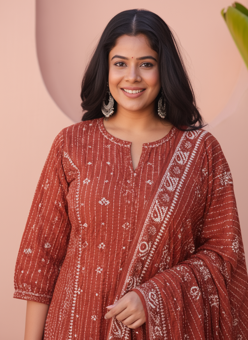 Embroidered Viscose Floral Flared Maroon Kurta