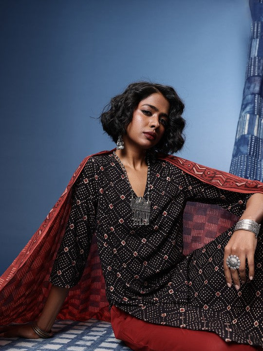 Taavi Ajrakh Geometric Printed Regular Kurta With Trousers & With Dupatta