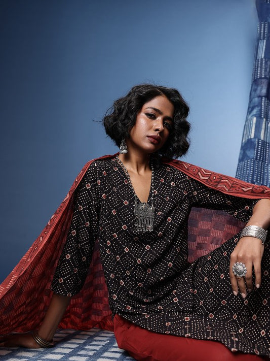 Taavi Ajrakh Geometric Printed Regular Kurta With Trousers & With Dupatta