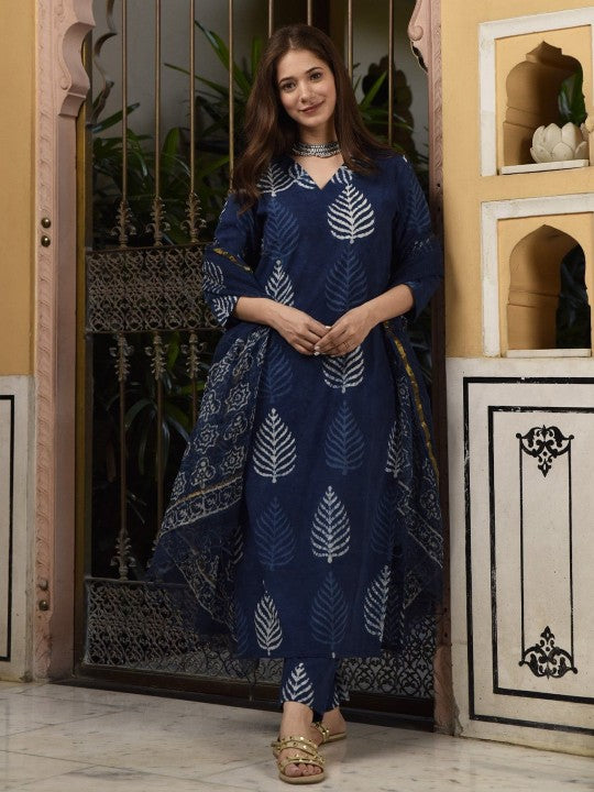 DIMPLE DESIGN STUDIO Ethnic Motifs Printed Pure Cotton Kurta with Pyjamas & Dupatta