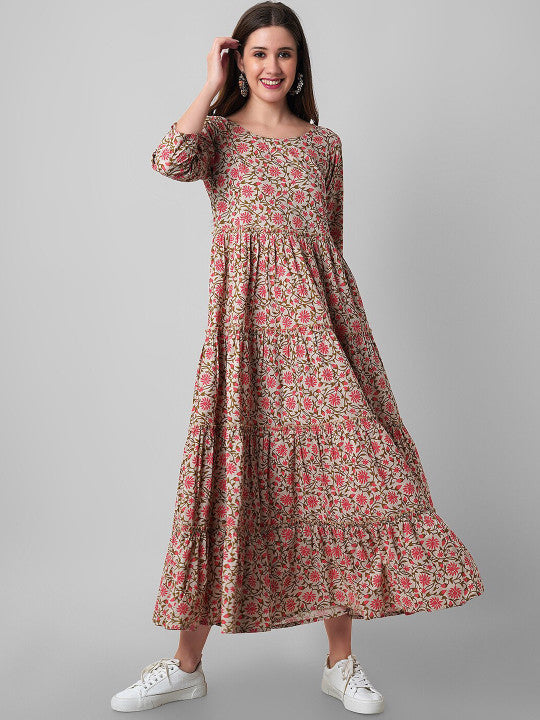 Haute and Humble Floral Printed Pure Cotton Fit & Flare Ethnic Dress