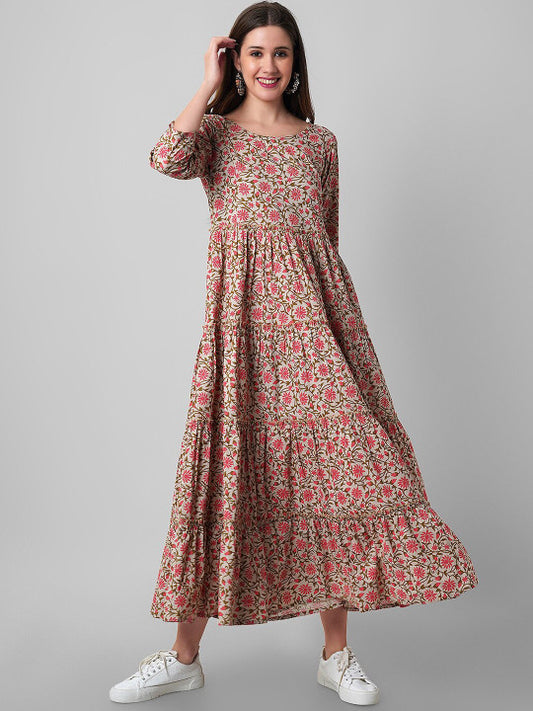 Haute and Humble Floral Printed Pure Cotton Fit & Flare Ethnic Dress
