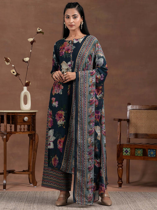 Blue Silk Blend Printed Kurta Sets for Women