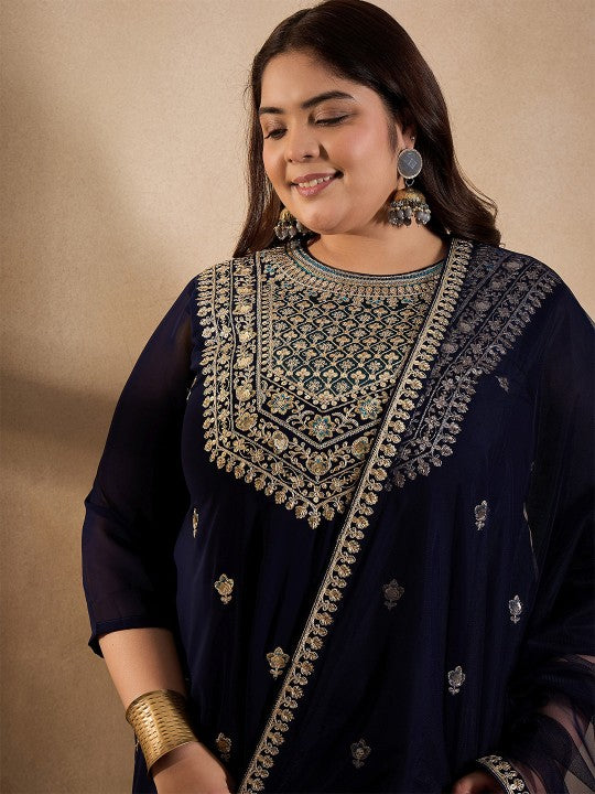 INDDUS PLUS Floral Embroidered Zari Georgette Kurta