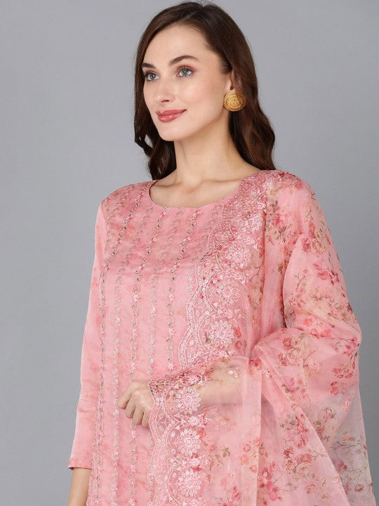 AHIKA Peach-Coloured Ethnic Motifs Embroidered Sequinned Kurta
