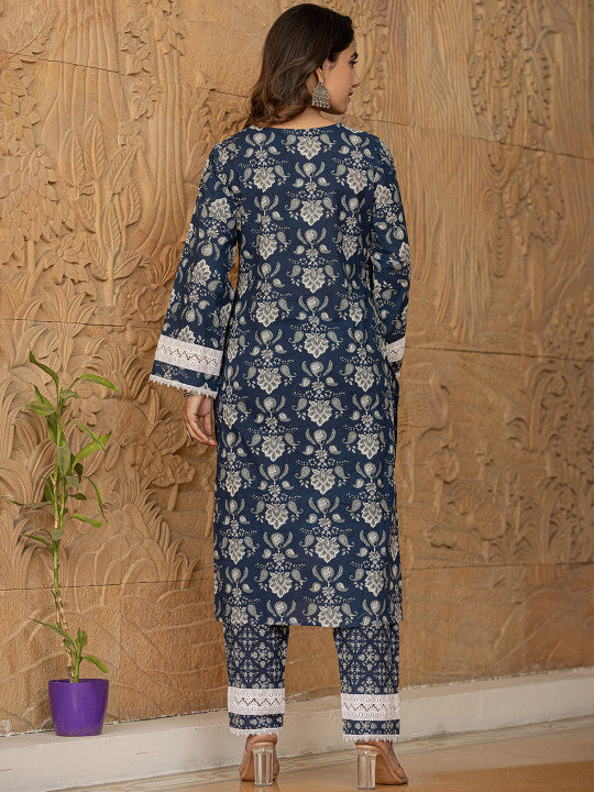 Yufta Floral Yoke Design Regular Pure Cotton Kurta with Trousers & With Dupatta