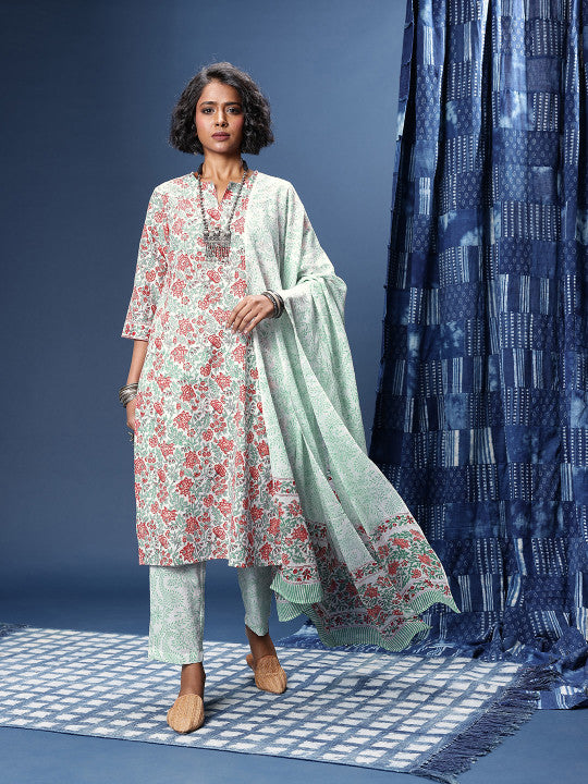Taavi Floral Printed Pure Cotton Block Print Legacy Kurta with Trousers & Dupatta